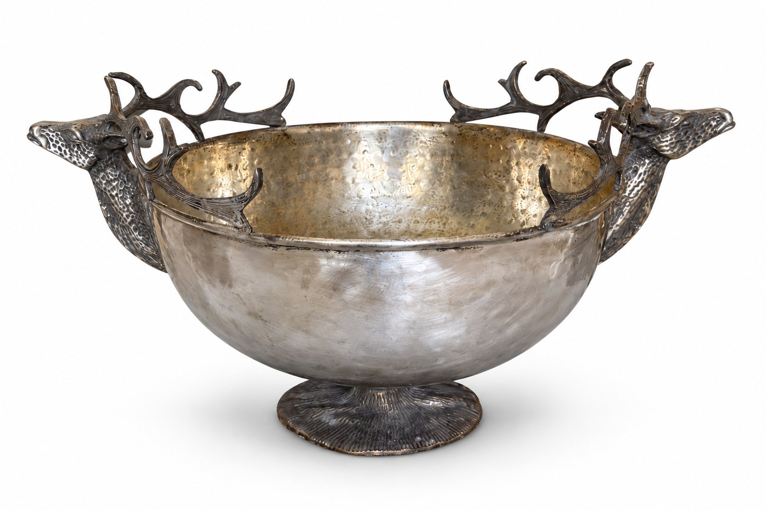 Vintage Silver-Tone Hammered Metal Stag-Handled Pedestal Bowl — view 1