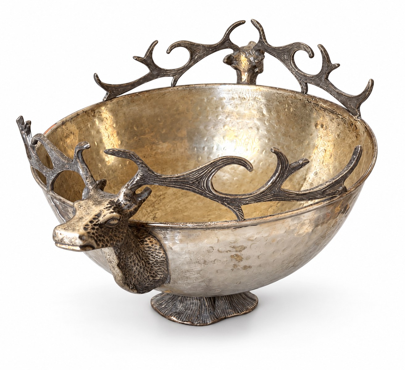 Vintage Silver-Tone Hammered Metal Stag-Handled Pedestal Bowl — view 5