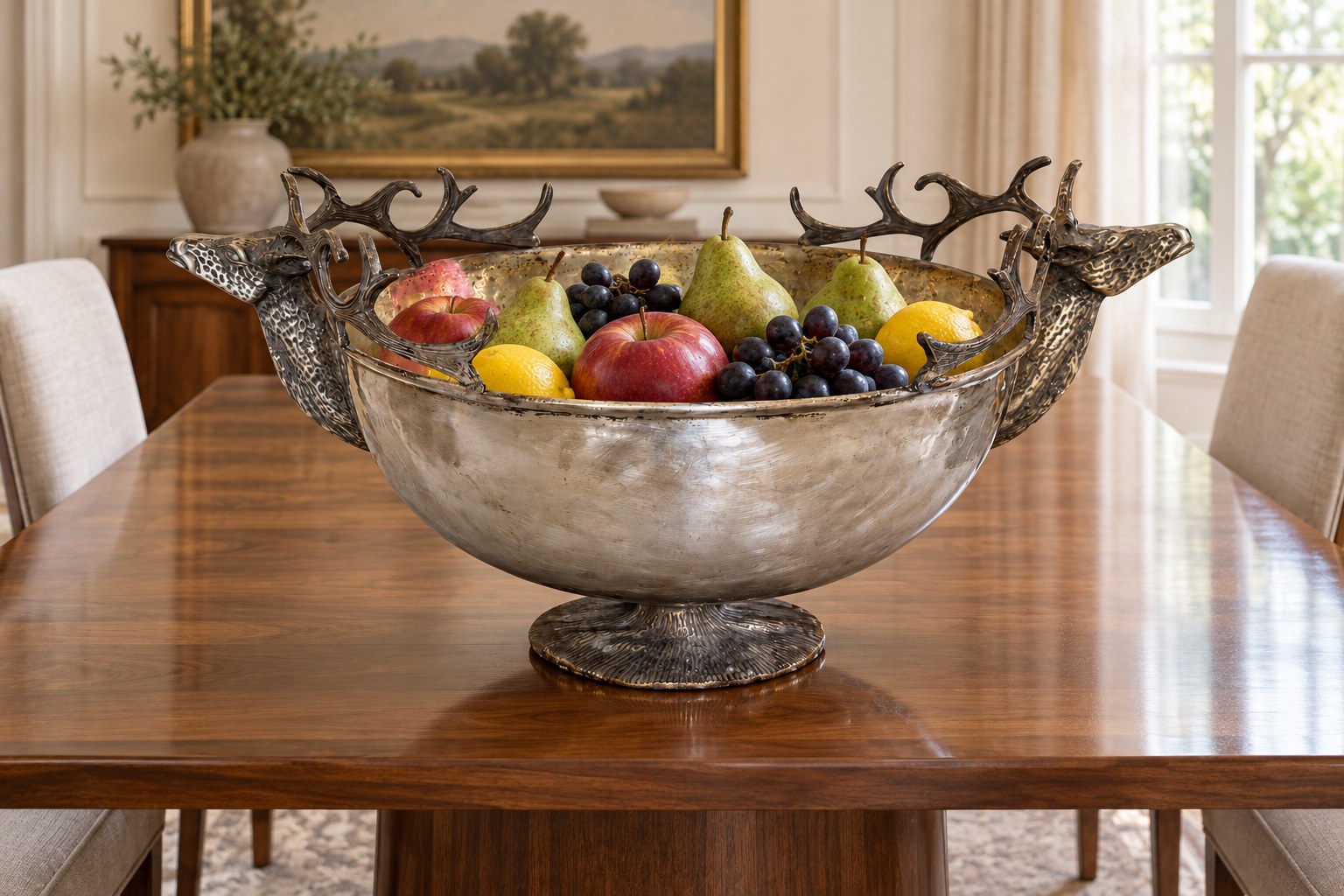 Vintage Silver-Tone Hammered Metal Stag-Handled Pedestal Bowl — view 2
