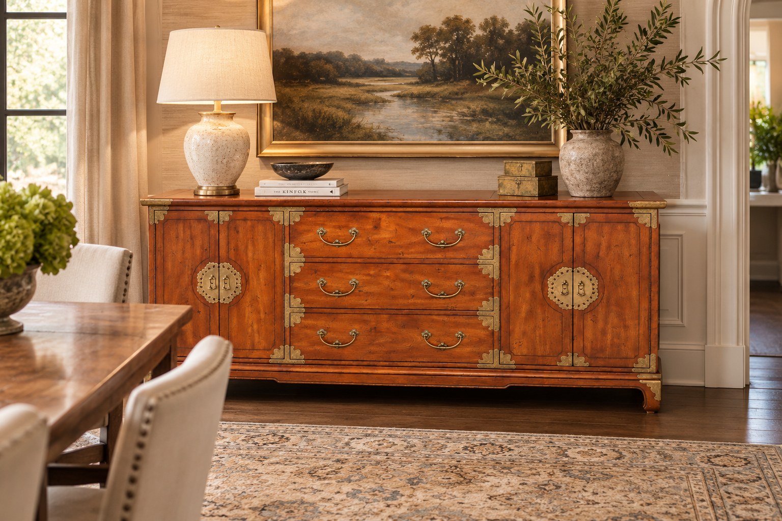 Vintage Henredon Asian-Style Brass-Mounted Wood Sideboard Credenza — view 2