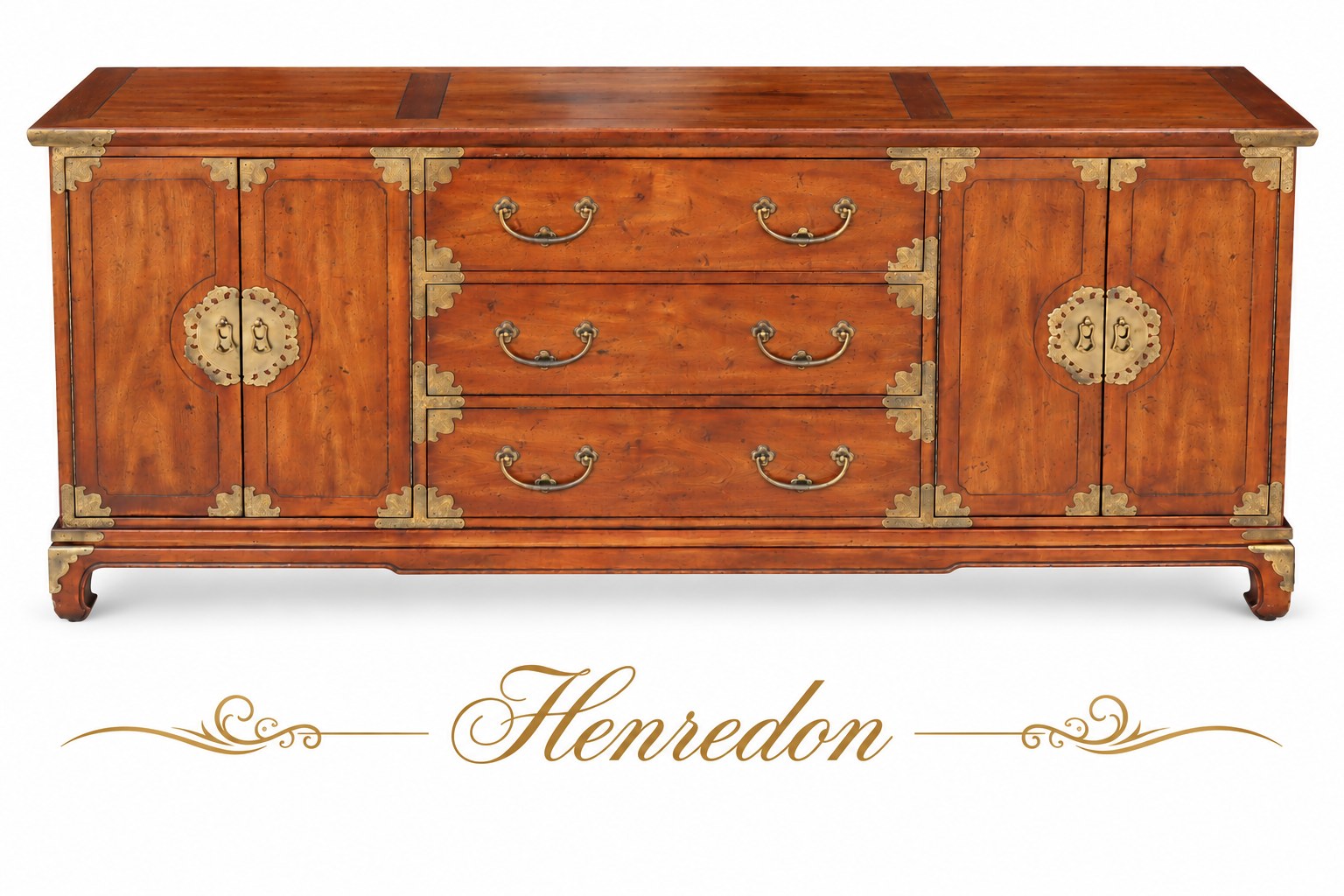 Vintage Henredon Asian-Style Brass-Mounted Wood Sideboard Credenza — view 1