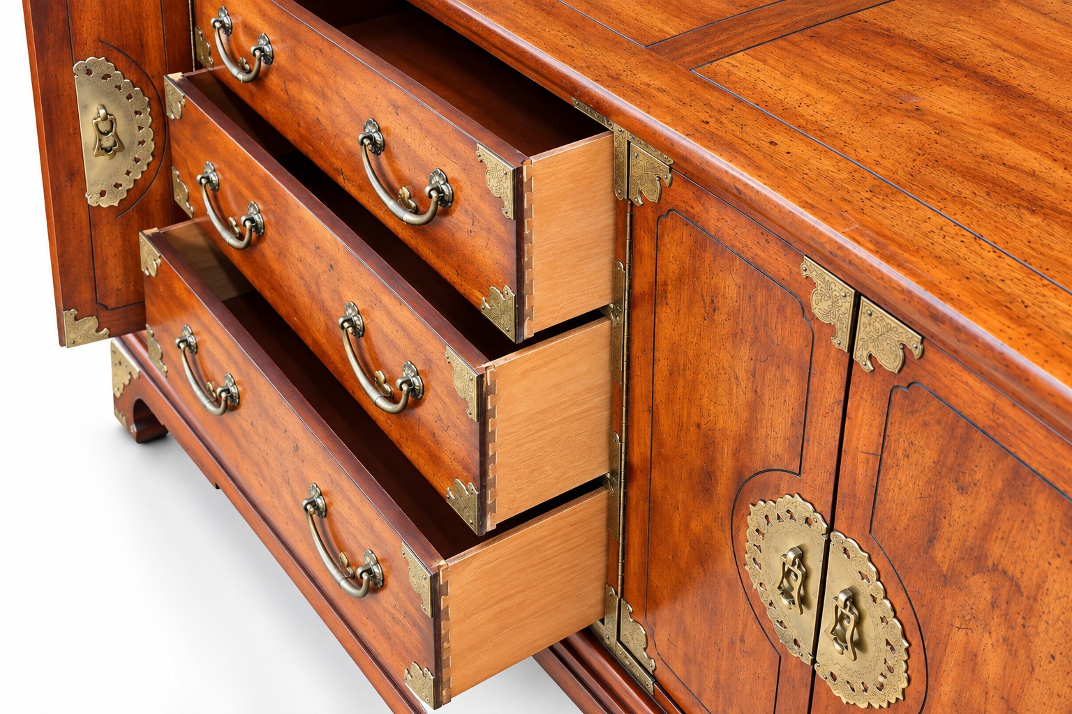 Vintage Henredon Asian-Style Brass-Mounted Wood Sideboard Credenza — view 8